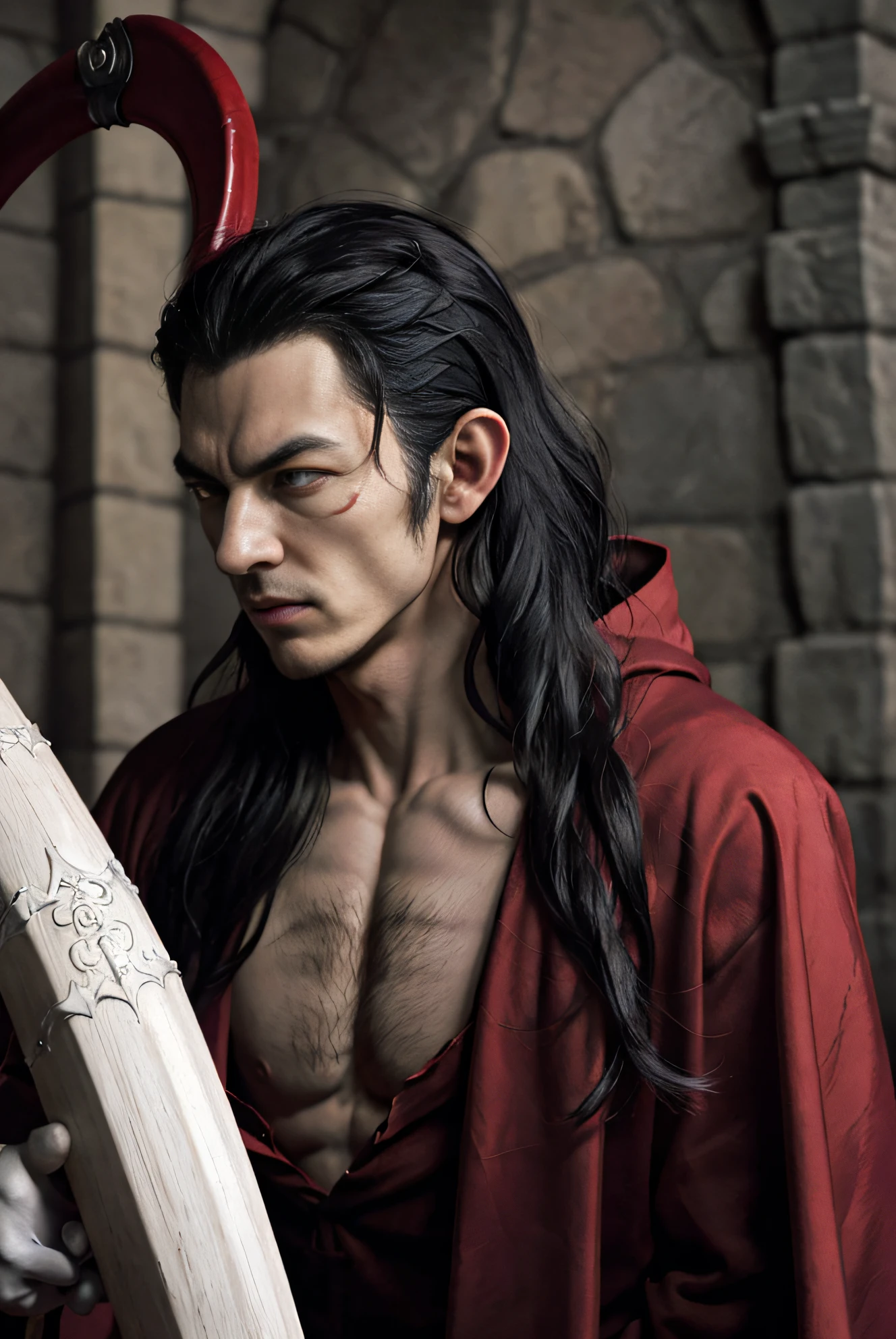 1male people、breastsout、gloves、s lips、solo、demon king、Chronotrigger、Red Eyes、(Raw photography、top-quality)、​masterpiece、very long hair with gray hair、Big red stall、Big red cloak、Man with a big scythe、pale skin、skin color without a reddish tint,、white  hair、octan render、Beautiful eyes with fine details、a closeup、looking at viewert、to8contrast style、Octane line art、dark background of Dracula's castle、dark、toriyama akira、sharp gaze、Elven pointed ears、Beautiful Count Dracula