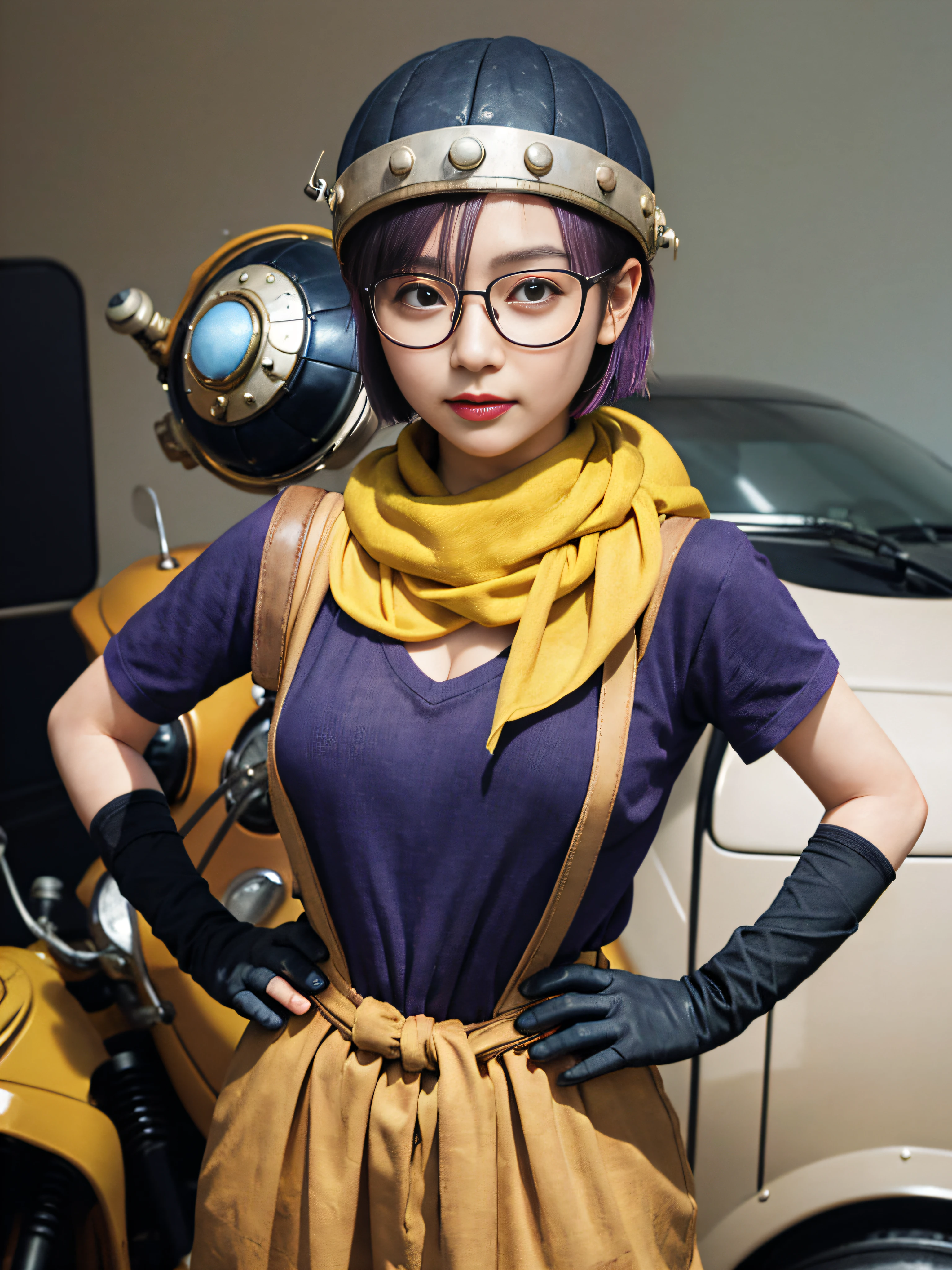 1girl in、breastsout、gloves、s lips、独奏、lucca、Chronotrigger、verd s eyes、(Raw photography、top-quality)、​masterpiece、Purple Bob Hair、helmets、yellow scarf、Yellow vest、eye glasses、(perfect hand):3.8、octan render、Beautiful eyes with fine details、a closeup、looking at viewert、to8contrast style、Octane line art、monochromes、mechanic、Design Room Background、Electromechanical、Akira Toriyama、Lowered hand