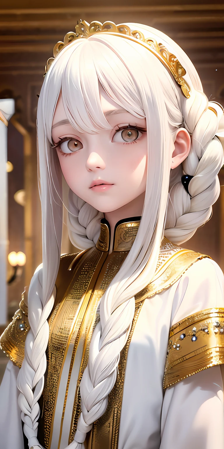 best quality, masterpiece,white hair, gold eyes,white clothes, looking up, upper body,hair strand,Fair skin,side braids