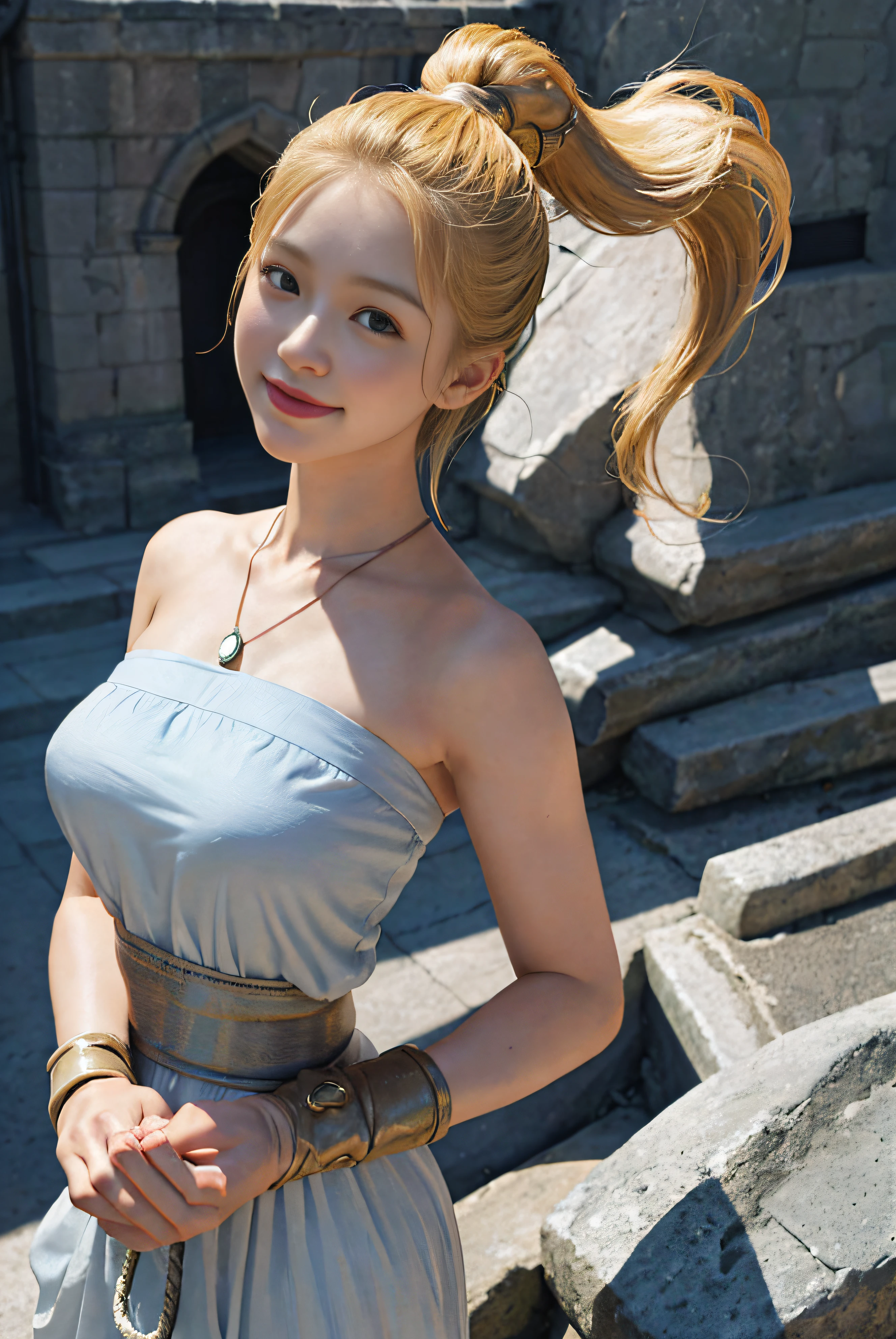 1girl in、breastsout、gloves、s lips、solo、marle、Chronotrigger、verd s eyes、(Raw photography、top-quality)、​masterpiece、Blonde all-back ponytail、Light Bluestone Pendant、(perfect hand):3.8、octan render、Beautiful eyes with fine details、a closeup、looking at viewert、to8contrast style、Octane line art、monochromeechanic、Castle background、toriyama akira、Lowered hand、beautiful smiling face