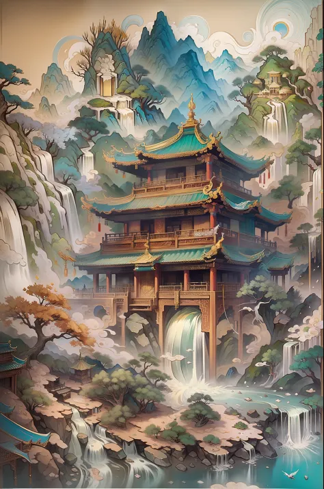 Classicism, Art Deco, Conceptual art, interior architecture, blending, anaglyph, cut-in, masterpiece, UHD, best quality，An ancient Chinese painting，mountain ranges，rios，Auspicious clouds，pavilion，waterfallr