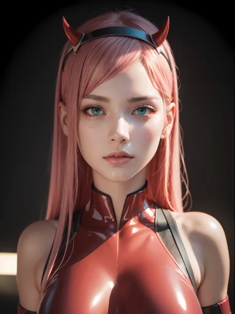 (masterpiece, best quality:1.4), (future days), (wide shot), (front shot), 1girl, solo, zerotwo, hairband, horns,red horns, bodysuit, breasts, green eyes, horns, long hair, looking at viewer, medium breasts, pink hair, red bodysuit, highly detailed face, h...