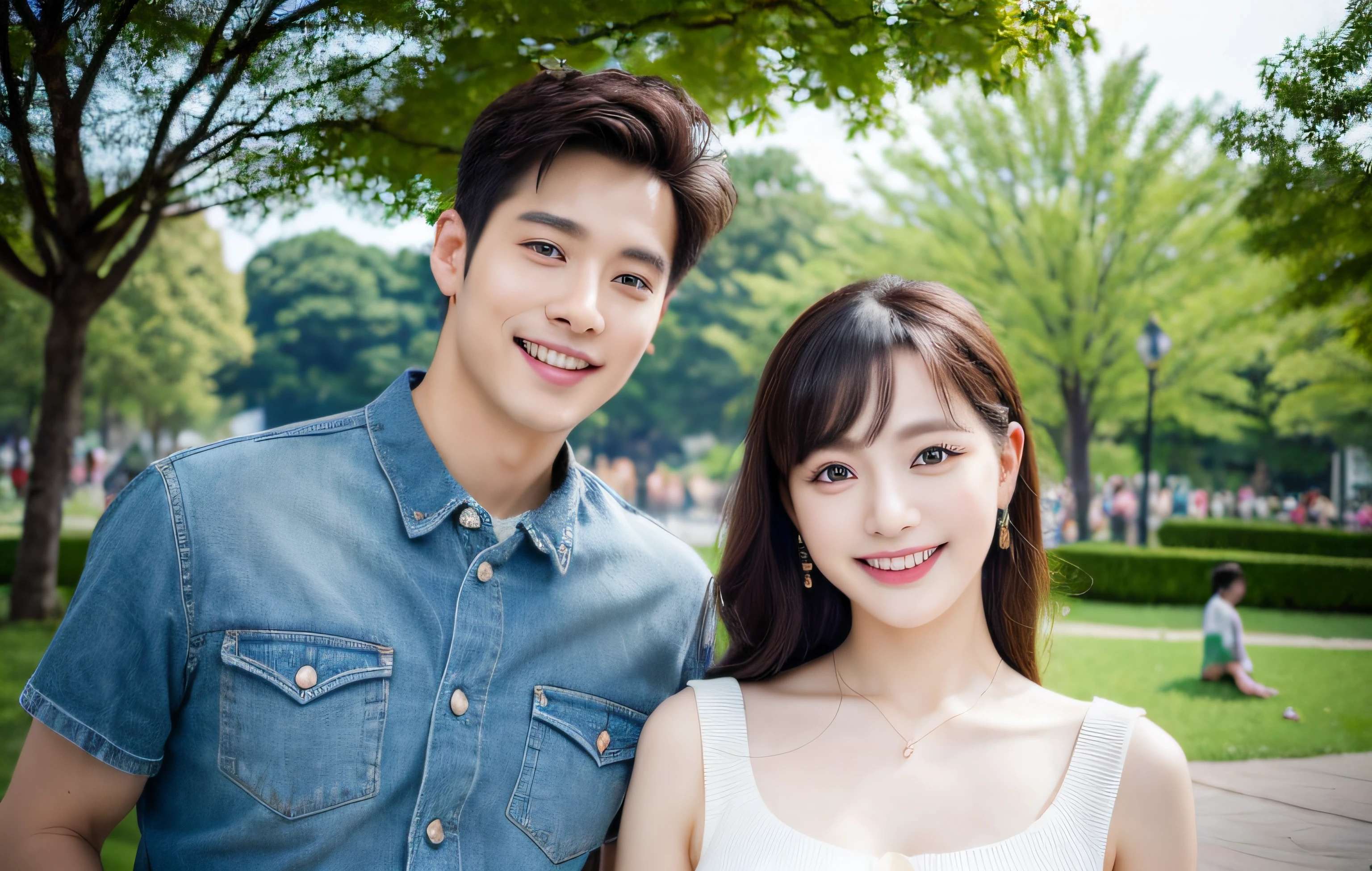 (best quality,masterpiece:1.2),(realistic,photo-realistic:1.37),photo contains 1 handsome man and 1 beautiful woman and a kids, garden park background,(upper body: 1.2),(smile:1.15),(closed mouth),beautiful detailed eyes, Walk through the atmosphere of the park with small lake, wear casual clothes.