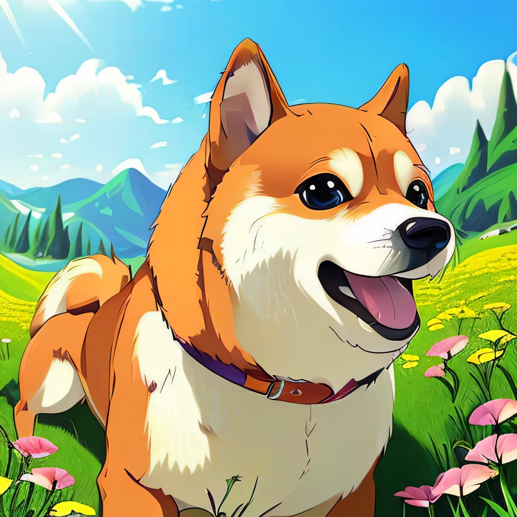 a beautiful photo a happy anime (doge:0.8), sunny summer day, landscape, (Masterpiece:1.2), (best quality:1.2), [high:smooth:10] detail, ((bright colours)), ultra graphics, cinematic dramatic light, intricate details, advanced perspective, perfect scene, square image