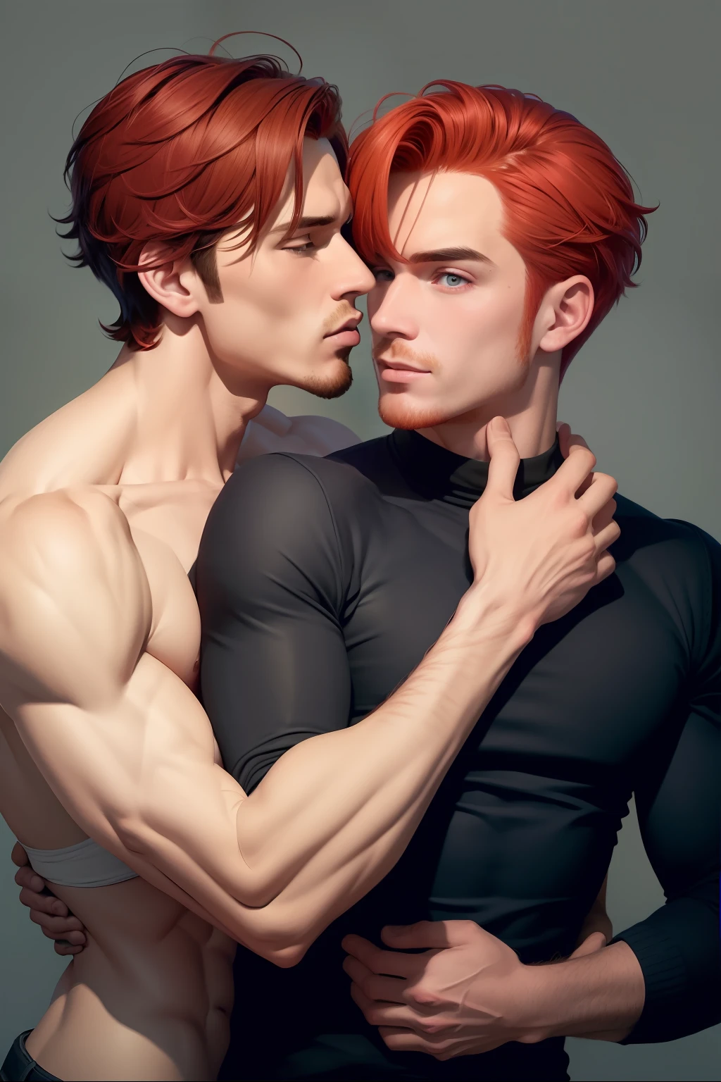 They were two men with red hair and no shirts, nick silva and ilya kuvshinov, Brunette boys and red-haired boys, inspired by Tim and Greg Hildebrandt, inspired by Brothers Hildebrandt, Edmund Blair e Charlie Bowater, muscular men intertwined, artgerm and genzoman, lgbt art, inspired by Brothers Hildebrandt