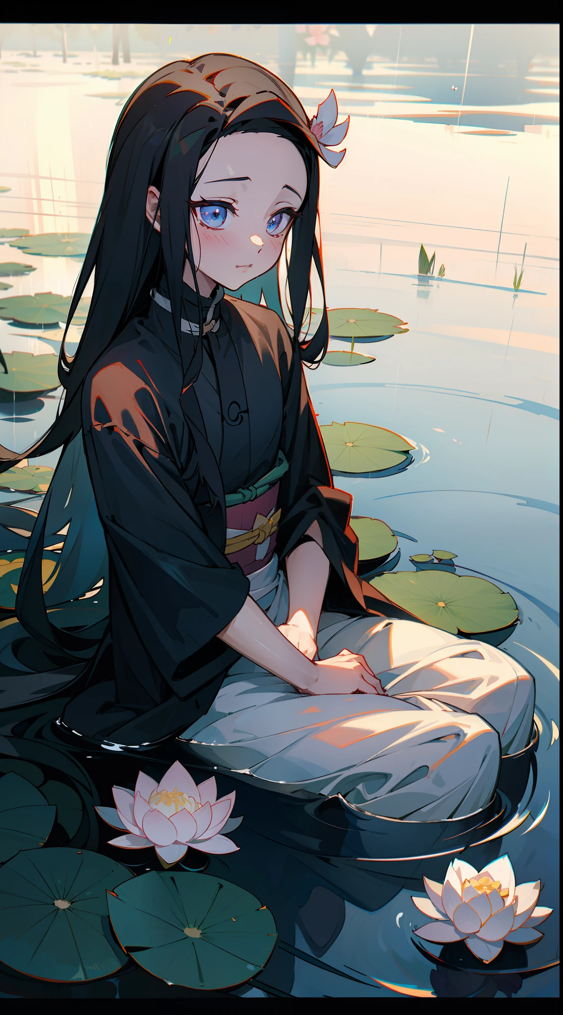 Anime girl sitting on a lily pad in a pond with water lilies - SeaArt AI