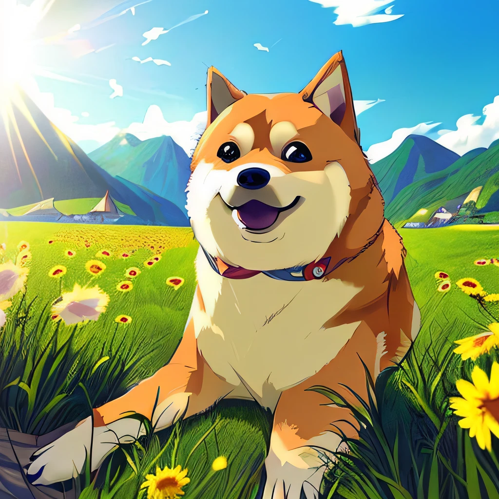 a beautiful photo a happy anime (doge:0.8), sunny summer day, landscape, (Masterpiece:1.2), (best quality:1.2), [high:smooth:10] detail, ((bright colours)), ultra graphics, cinematic dramatic light, intricate details, advanced perspective, perfect scene, square image