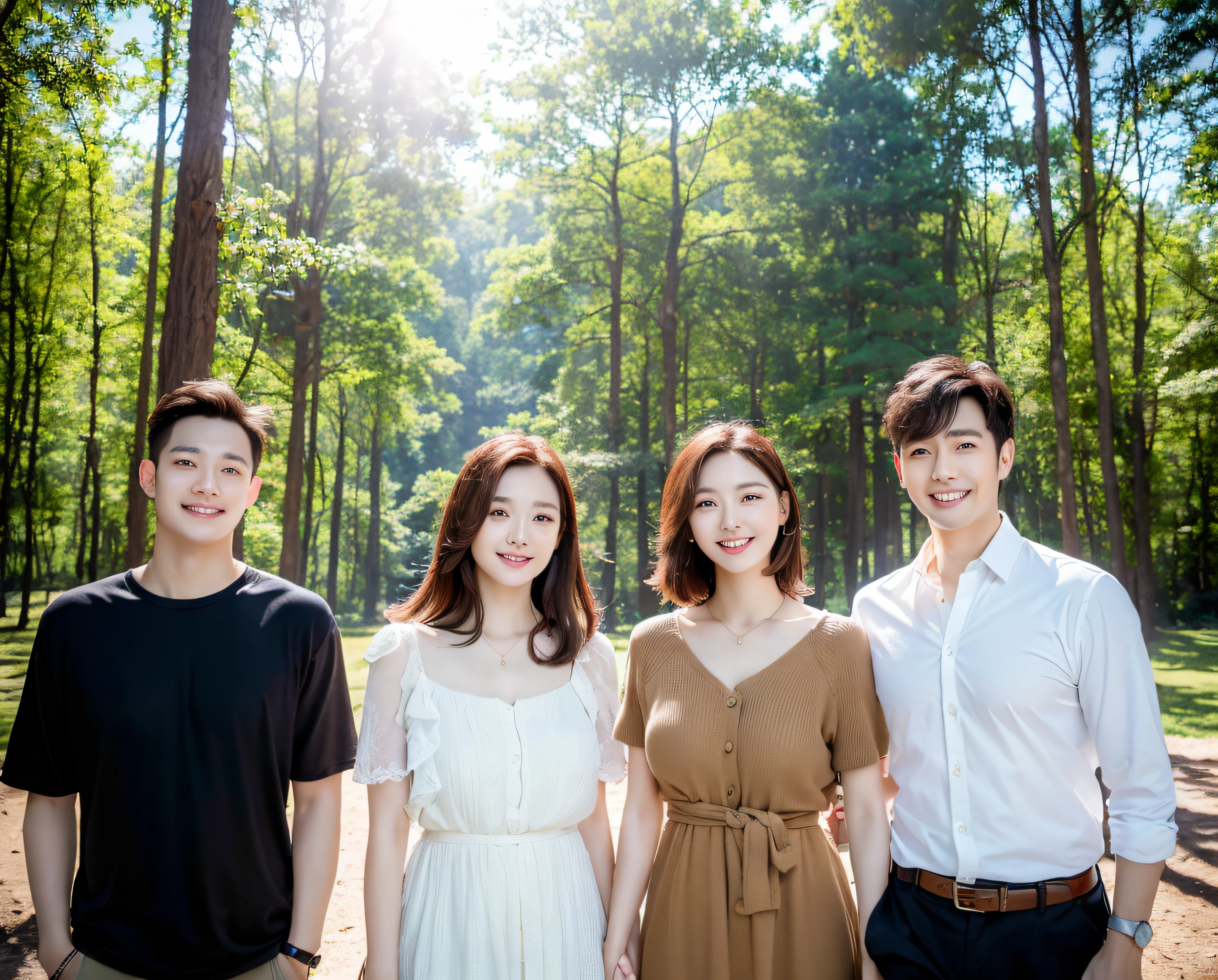 (best quality,masterpiece:1.2),(realistic,photo-realistic:1.37), group photo contains a handsome man and a beautiful woman with cute child boy and cute child girl, bright forest background, ((((half body: 1.2)))), (smile:1.15), beautiful detailed eyes, Walk through the atmosphere of the park, wear casual clothes.