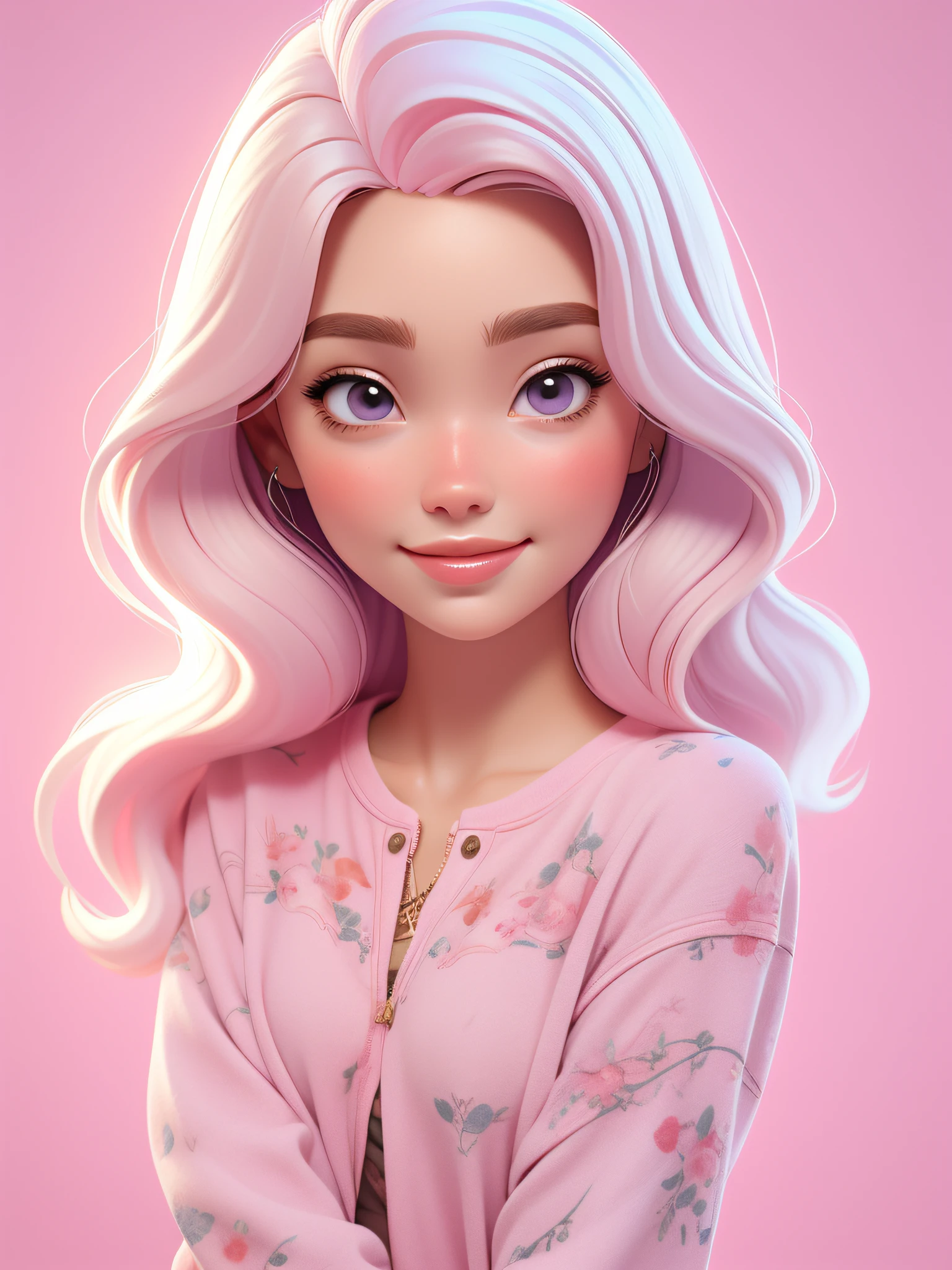 dynamic lighting, ((A Study in Pink)), A Barbie princess, pink background, delicate face, white skin(cute:1.3), (pale skin:1.1), (soft smiling:1.1), detailed face, detailed skin texture, sun ray, by ilya kuvshinov, nina masic, natural lighting, subsurface scattering, ornate, pink hair, cowboy shot, atmospheric perspective, retina, textured skin, anatomically correct, best quality, award winning