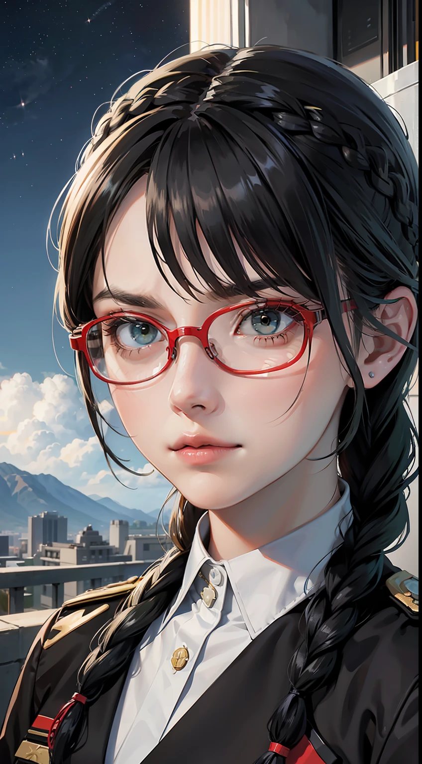 Movie Poster,((Braid Hairstyle : 1.5)),Anime Reference 86 ,Science Fiction,Sci-Fi,Movies,War Action Movies,Space,Atmosphere,Sky,Battleship,Multiple Characters,Women,Adults,Green Eyes,Black Hair,(Pia bangs hairstyle) : 1.8 ),(Red Glasses),General Uniform,White Commander Uniform,Serious Face Frowning,Realistic Face Detail,Realism,3D Face,