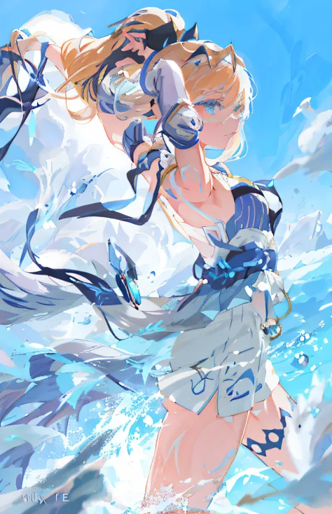 Anime girl with long hair and air sword, Splash art anime Loli, wallpaper anime blue water, high definition anime art, Pisif Con...