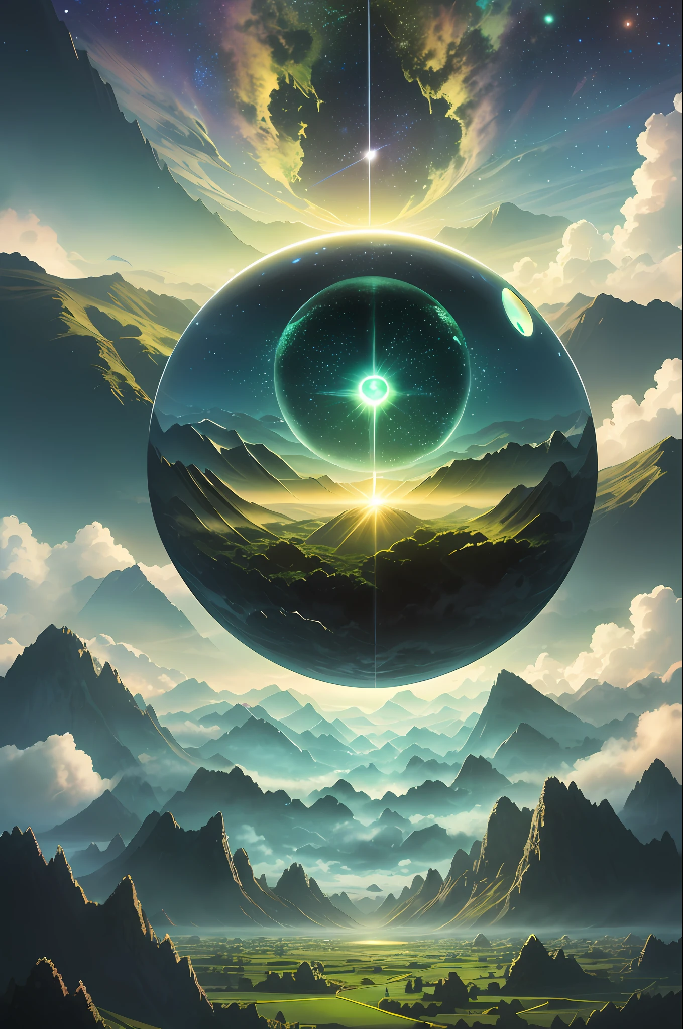 A giant mirror sphere floating in space, flickering lights, sad hamster lost (heaven like green fields surrounded by high mountains and clouds:1.3), particles in the air, god rays, stars in the background, intricate fractals, detailed, (illustration), masterpiece, high resolution, best quality.