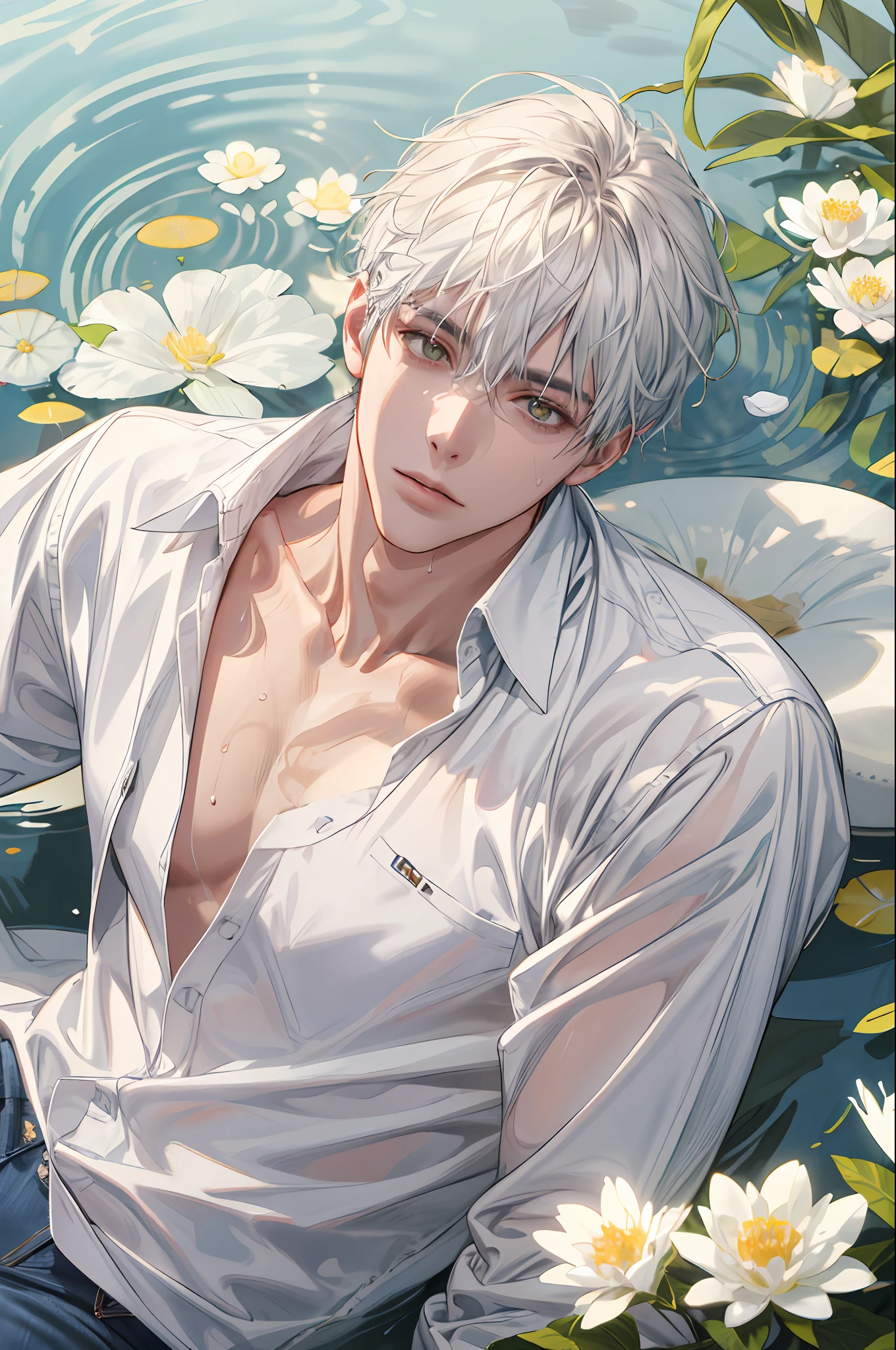 (absurdres, highres, ultra detailed), 1 male, handsome, tall muscular guy, mature, (The pond is filled with lemon slices and white flowers), A man lying on back comfortably in it, from directly above, (white shirt, jeans), wet, colorful, artistic, depth of field, focus on his face,calm facial features, lemon slices around face