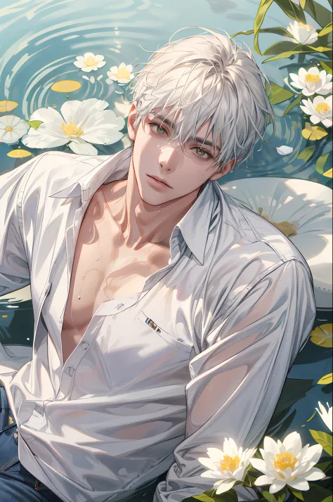 (absurdres, highres, ultra detailed), 1 male, handsome, tall muscular guy, mature, (The pond is filled with lemon slices and whi...
