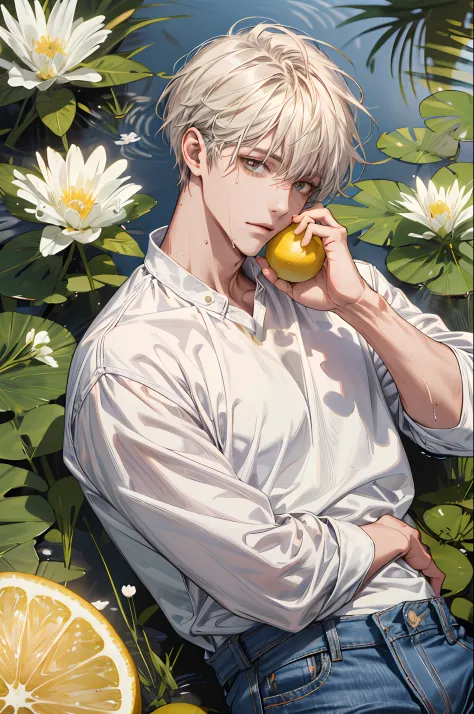 (absurdres, highres, ultra detailed), 1 male, handsome, tall muscular guy, mature, (The pond is filled with lemon slices and whi...