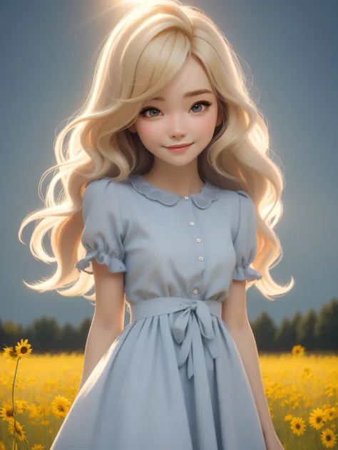 dynamic lighting, (((sunny field))), (cute:1.3), blonde hair, (pale skin:1.1), (soft smiling:1.1), detailed face, detailed gray ...