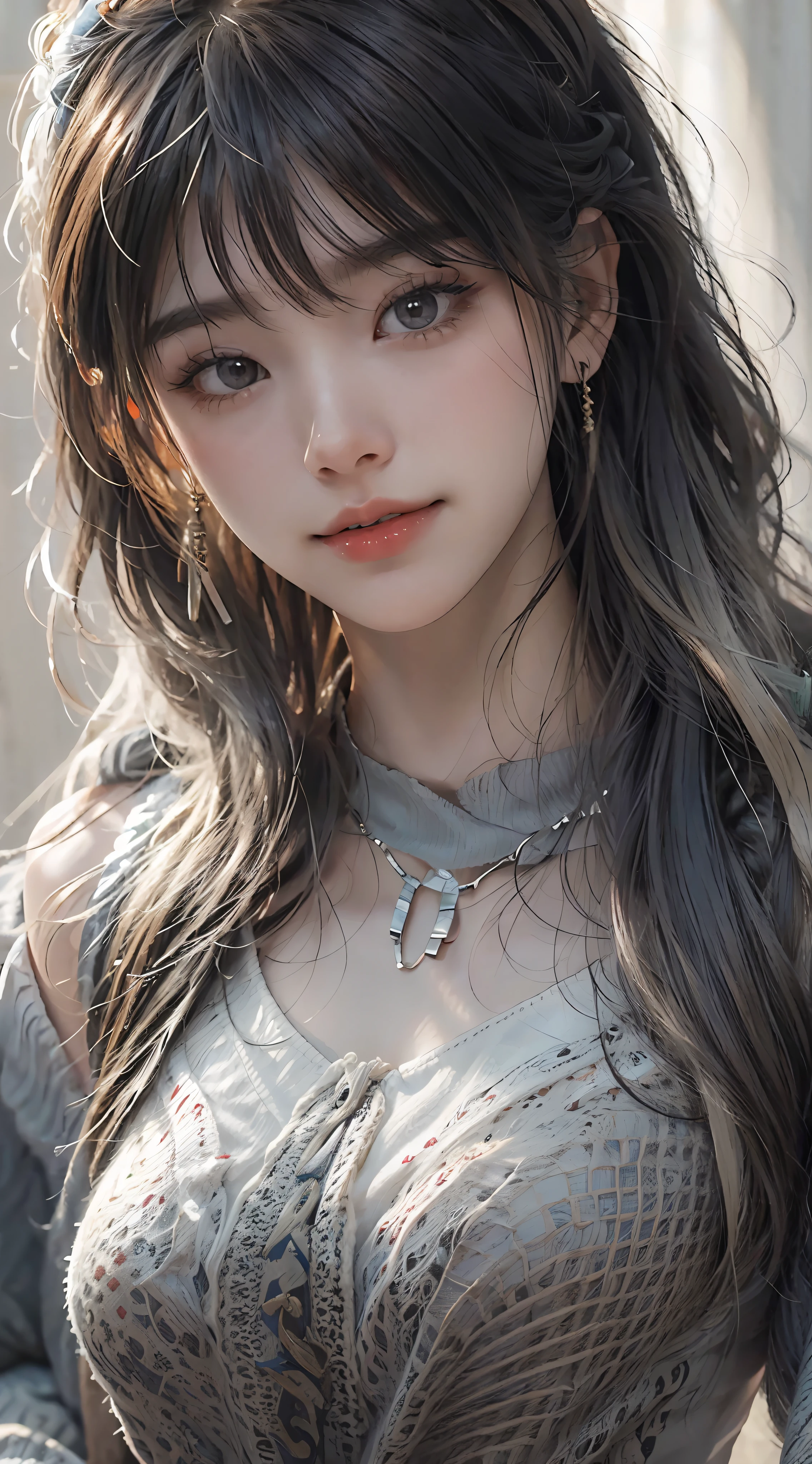 (RAW photo, Best quality), (Realistic, photo-realistic:1.3),Best quality,Highly detailed,Masterpiece,Ultra-detailed,illustration,1girll,The upper part of the body_Body,RAW photogr，cropped shoulders，cinmatic lighting, ssmile,short detailed hair，Black shawl straight hair，46 points oblique bangs，High-definition detail、Hyper-detailing、cinematic ligh、ultra-realistic realism,with short black hair，White skin，famousartwork，s the perfect face，beauitful face，beautidful eyes，（（Perfect female body））Dynamic Angle,world masterpiece theater,Messy_Long_Hair,Best quality,Extremely detailed Cg Unity 8K wallpaper,Cinematic lighting,lens_flare, nian, (arknight）。