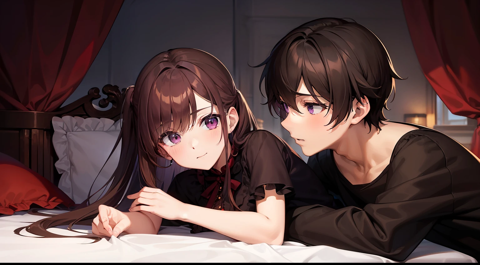 Anime couple laying on bed looking at each other - SeaArt AI