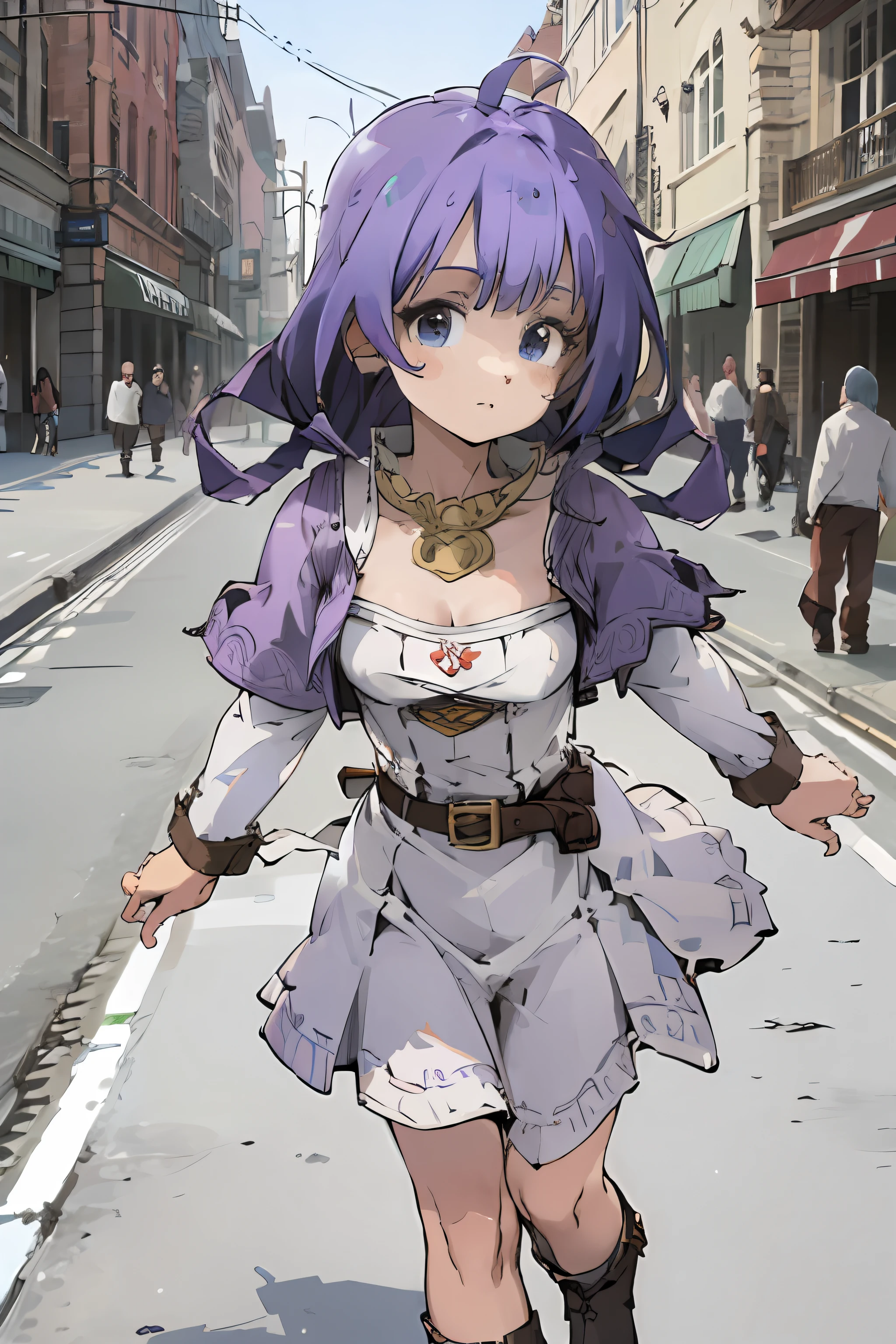 1girl, purple hair, blue eyes, wearing medieval fantasy dress, high res, ultrasharp, 8k, masterpiece, perfect body, perfect face, cute face, walking on the street, medieval city looking forward