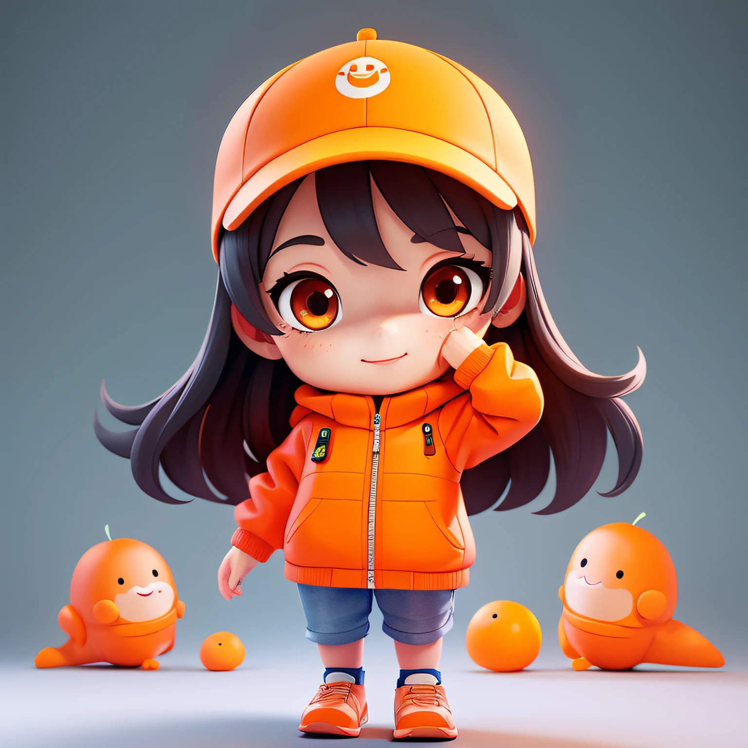 (Obra maestra,mejor calidad:1.5), personaje 3D, 1 chica, chibi, Umaru chan, ropa naranja, (cuerpo completo:1.2), fondo transparente,