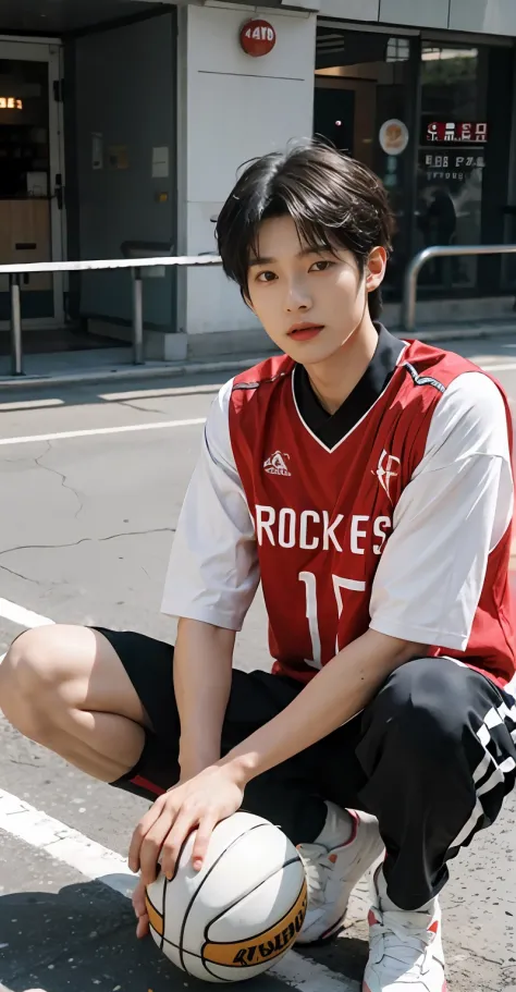（Handsome Chinese guy：1.5）The young man sat cross-legged on the ground, wearing basketball jersey, Cai Xukun, wearing NBA jersey...