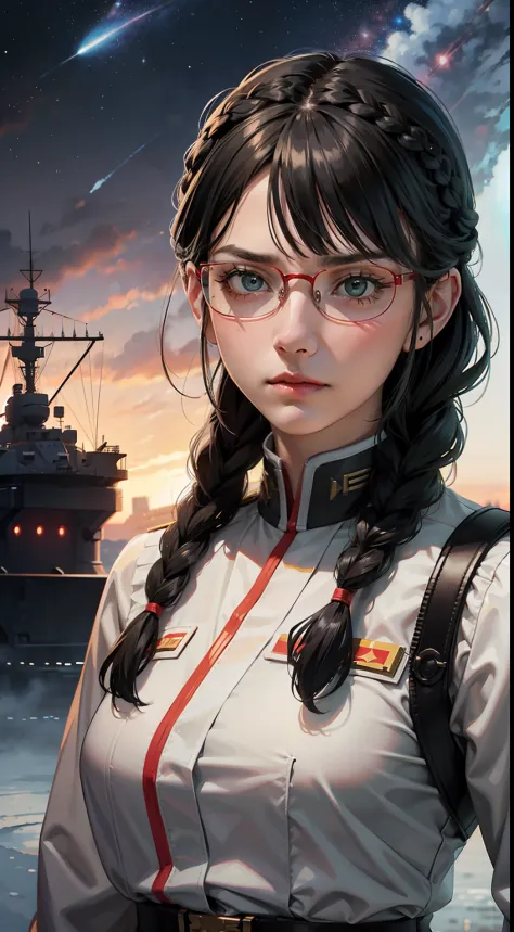 Movie Poster,((Braid Hairstyle : 1.5)),Anime Reference 86 ,Science Fiction,Sci-Fi,Movies,War Action Movies,Space,Atmosphere,Sky,Battleship,Multiple Characters,Women,Adults,Green Eyes,Black Hair,(Pia bangs hairstyle) : 1.8 ),(Red Glasses),General Uniform,Wh...