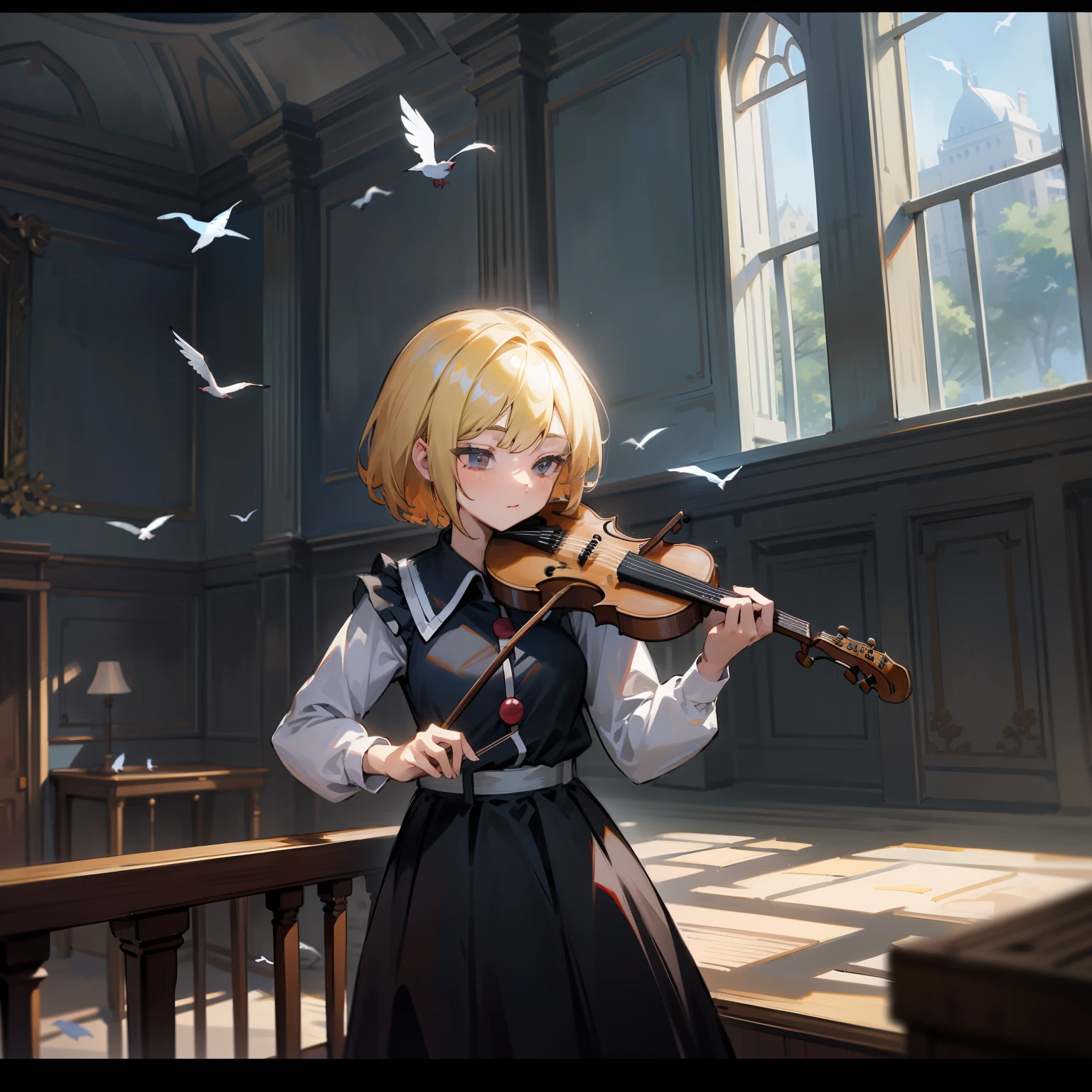 Luna Saprism River playing violin, masutepiece, Fine detail, 4K, 8K, 12K, Solo, One Person, Beautiful Girl, caucasian female, Moonsaprasm River, a blond、short-hair、A lot of birds are flying, Ruined Western House, Indoors, spring, Music room