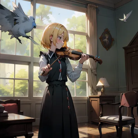 Luna Saprism River playing violin, masutepiece, Fine detail, 4K, 8K, 12K, Solo, One Person, Beautiful Girl, caucasian female, Moonsaprasm River, a blond、short-hair、A lot of birds are flying, Ruined Western House, Indoors, spring, Music room