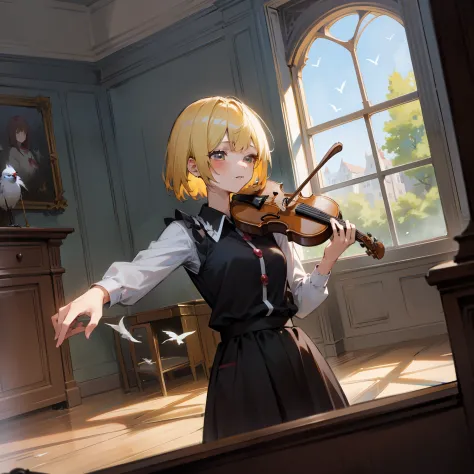 Luna Saprism River playing violin, masutepiece, Fine detail, 4K, 8K, 12K, Solo, One Person, Beautiful Girl, caucasian female, Moonsaprasm River, a blond、short-hair、A lot of birds are flying, Ruined Western House, Indoors, spring, Music room