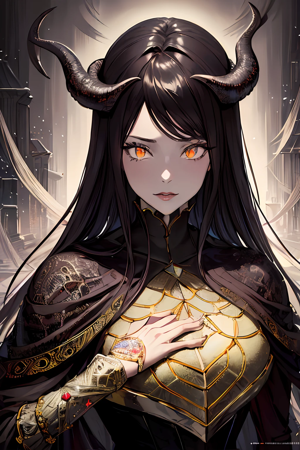 (masterpiece, top quality, best quality, official art, beautiful and aesthetic:1.2), cateyes,1girl, solo, (Stunning Eyes), armour, magic, light particles, upper body, extreme detailed, highest detailed, optical mixing, playful patterns, lively texture, unique visual effect, ((dark fantasy)), (darker colours:1.3), Ominous energy, eldritch Horror, ((Intricate Details)), (crimson colours)