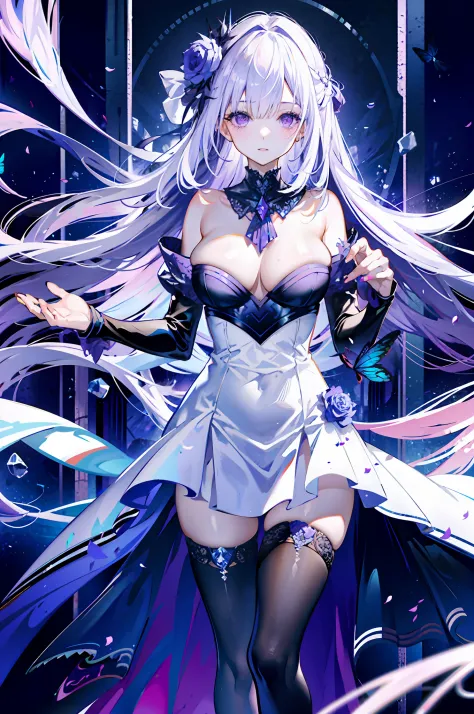 silber hair，butterflys，long whitr hair，8k wallpaper，detailedbackground，Highest high resolution，deep v big breasts，Hair covers one eye，Bandeau，chies，Purple roses，tight-fitting，themoon