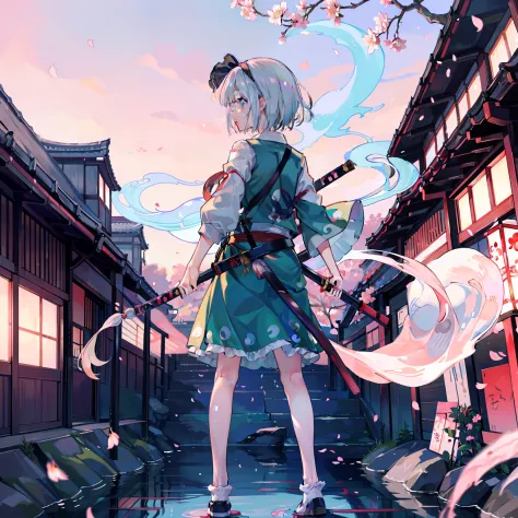 illustration of youmu konpaku holding a japanese sword, masterpiece, fine detail, 4k, 8k, 12k, solo, one person, beautiful girl,...