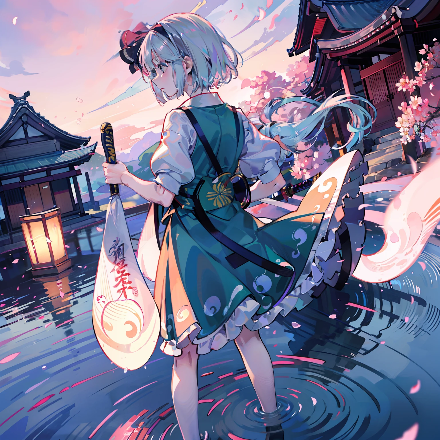 Illustration of Youmu Konpaku holding a Japanese sword, masterpiece, fine detail, 4k, 8k, 12k, solo, one person, beautiful girl, Caucasian female, Youmu Konpaku, Youmu Konpaku from behind, standing on water, cherry blossom petals on the ground, hell , lanterns, cherry blossom petals, purple sky