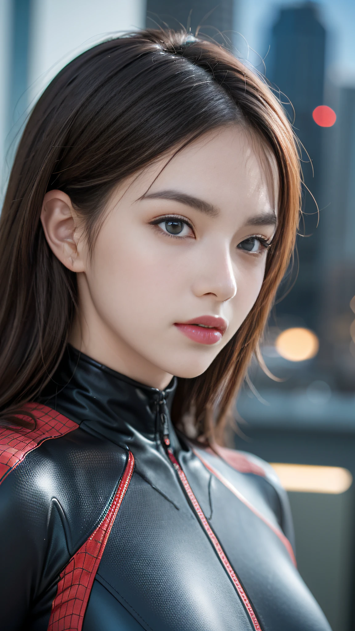 (1Girl:1.3), Solo, (((highly detailed face)))), ((very detailed eyes and face))))), beautiful detailed eye, Body parts__, Official Art, Unified 8k Wallpapers, A highly detailed, beautiful and beautiful, beautiful, ​masterpiece, Best quality at best, Source, ​masterpiece, ultra fine photography, Top  Quality, The ultra-Highres, realistic realism, sunlights, full-body portrait, Stunning Beauty, Dynamic Pose, a delicate face, Vivid Eyes, (from frontal), She wore a Spider-Man suit, red and black color scheme, spider, very detailed city roof background, roof top, Rooftop overlooking the city, Detailed face, Detailed complex busy background, Messy and gorgeous, milky, Very detailed skin, Realistic skin details, Visible Pores, foco nítido, Volumetric fog, 8K UHD, DSLR, highs quality, film grain, Fair skin, photo realism, lomography, futuristic dystopian megalopolis, translucency,