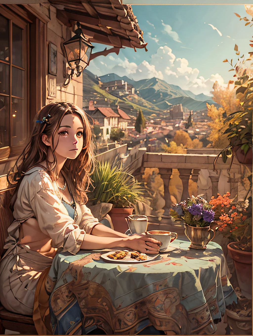 "(Masterpiece), (highest quality), intricately detailed portrait of a young woman sitting behind a table on a terrace, with her hands resting on the table. She has brown hair, a radiant expression, and the artwork is rendered in stunning 8K resolution. The background depicts a picturesque valley basking in sunlight."