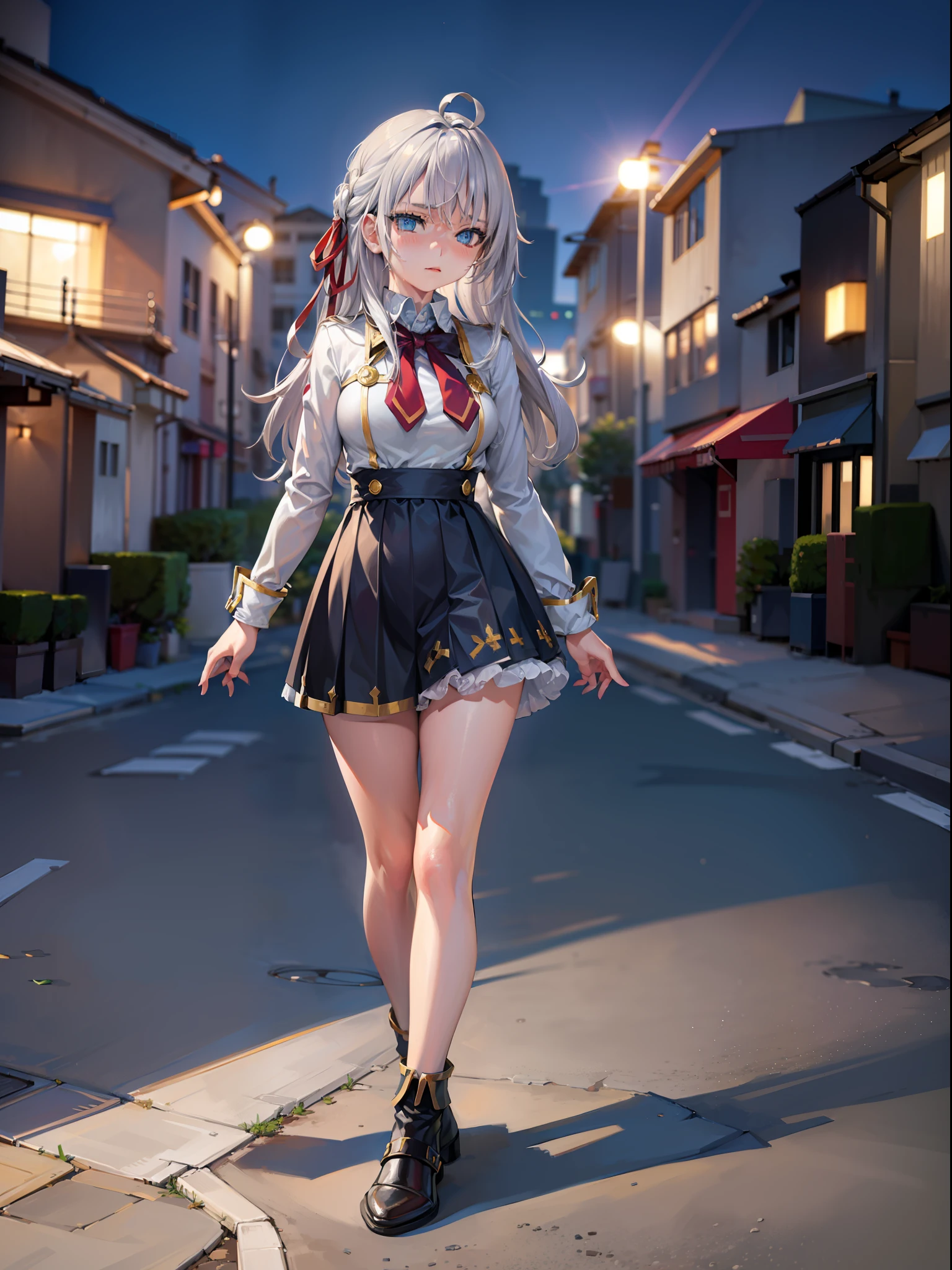 ((Medium breast)),long hair,((silver hair,blue eyes,women 13 years old)), daylight, sunlight, (perfect body : 1.0), collar, chain, full body shot, Korean junior high school uniform,mini skirt ((shorts)),(masterpiece), (best quality:1.0), (ultra highres:1.0), beautiful lighting ,perfect lightning, realistic shadows, [highres], detailed skin, ultra-detailed,arms behind head,anime style,(detailed eyes;1,1),(detailed face,1,2),((pretty face1,2)),1-girls,solo,(loli oppai:1,0),female child