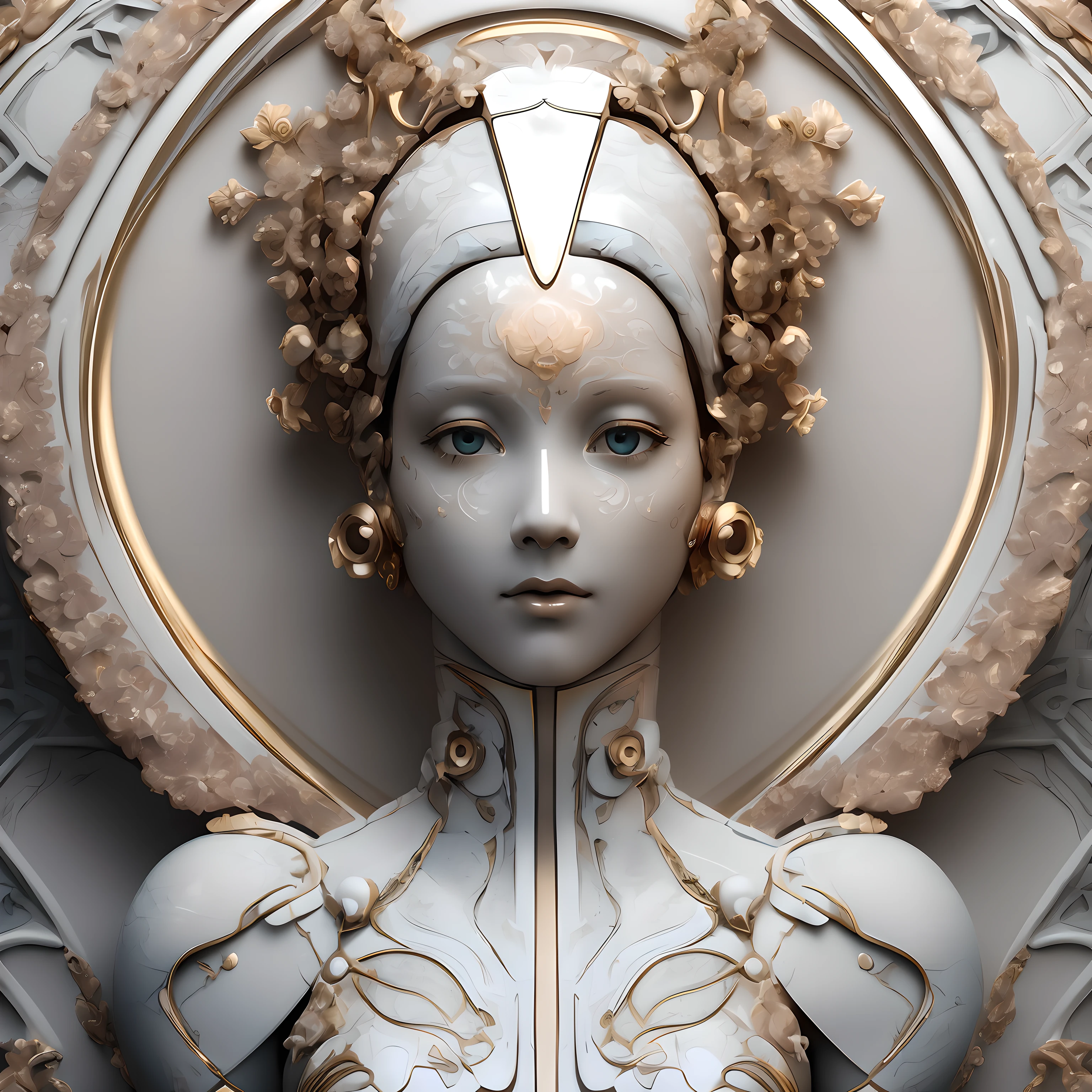 (porcelaine noire, Gjel, Style Rococo:1.0),  

digital art portrayal of a beautiful and sweet a girl hyperdétaillé photographic portrait of a female android (((Symétrique))), qui est sculpté en détail dans un almalgame fusionné de ces matériaux, Marbre blanc, porcelaine fine, ivoire et or rose, qui a un visage de bébé féminin avec des traits du visage androgynes, a un design esthétique baroque et porte des vêtements art déco avec des yeux verts. photo haute résolution d&#39;un androïde en porcelaine transparente avec des panneaux rétroéclairés lumineux, gros plan sur le visage, plantes anatomiques, Forêt suédoise sombre, nuit, obscurité, granuleux, brillant, mode, Détails complexes de l’usine, détaillé, (Composition:1.3) 1fille, Android, cendre \(chute de titane 2\), sclère noire, Justaucorpso azul, vieux, câble, sclère colorée, Peau craquelée, tête inclinée, Hautes résolutions, capot, capuche, comme \(osiriudon\), Justaucorps, Regarder en bas, vieux medianos, Peau de métal, Plat, la science-fiction, simulacre \(chute de titane\), seulement, les yeux jaunes