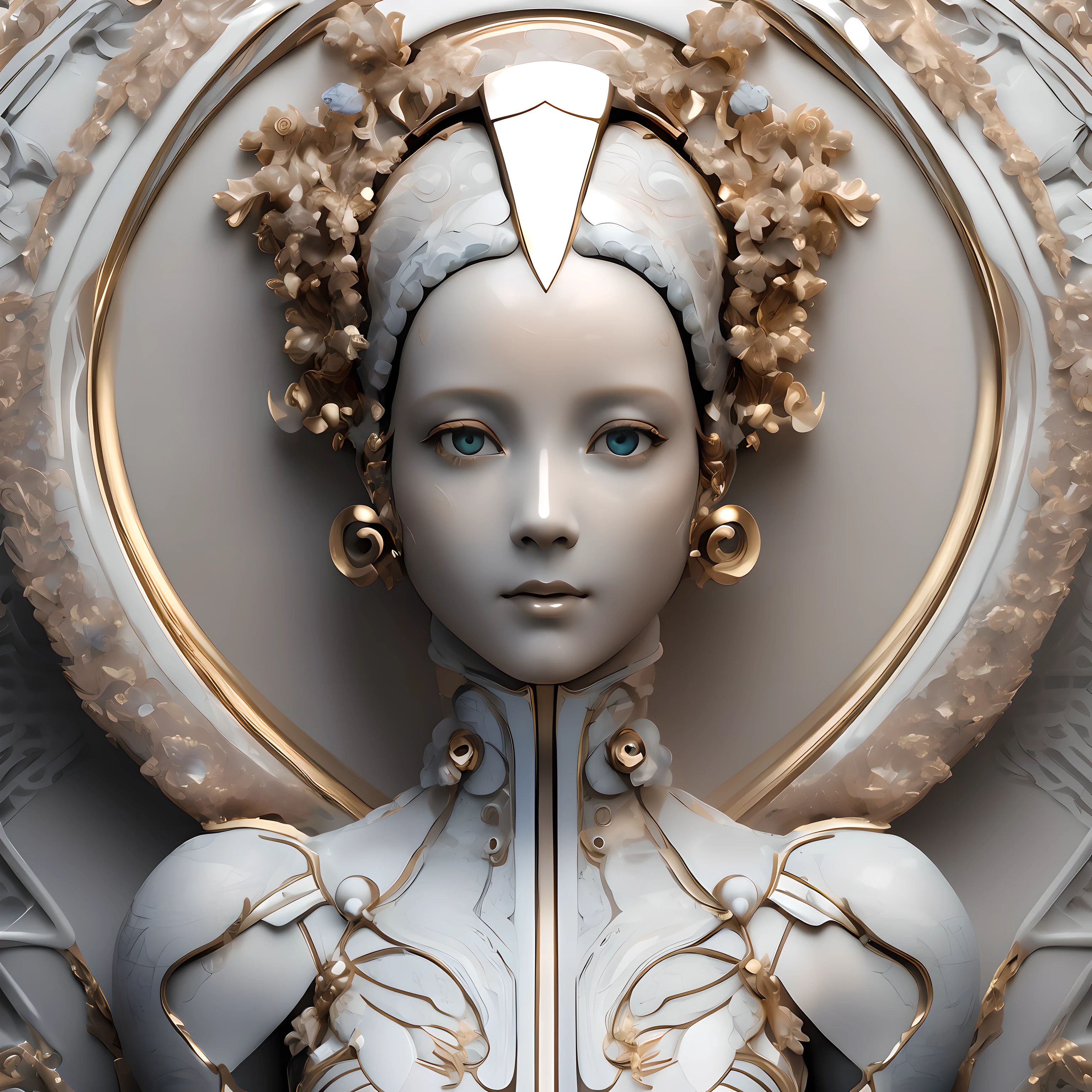 (porcelaine noire, Gjel, Style Rococo:1.0),  

digital art portrayal of a beautiful and sweet a girl hyperdétaillé photographic portrait of a female android (((Symétrique))), qui est sculpté en détail dans un almalgame fusionné de ces matériaux, Marbre blanc, porcelaine fine, ivoire et or rose, qui a un visage de bébé féminin avec des traits du visage androgynes, a un design esthétique baroque et porte des vêtements art déco avec des yeux verts. photo haute résolution d&#39;un androïde en porcelaine transparente avec des panneaux rétroéclairés lumineux, gros plan sur le visage, plantes anatomiques, Forêt suédoise sombre, nuit, obscurité, granuleux, brillant, mode, Détails complexes de l’usine, détaillé, (Composition:1.3) 1fille, Android, cendre \(chute de titane 2\), sclère noire, Justaucorpso azul, vieux, câble, sclère colorée, Peau craquelée, tête inclinée, Hautes résolutions, capot, capuche, comme \(osiriudon\), Justaucorps, Regarder en bas, vieux medianos, Peau de métal, Plat, la science-fiction, simulacre \(chute de titane\), seulement, les yeux jaunes