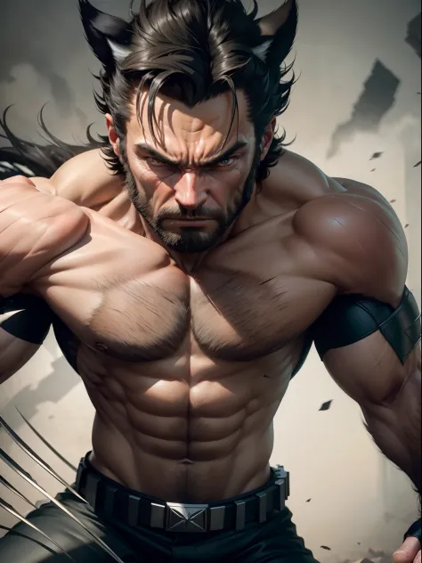 Dramatic Wolverine with claws unsheathed between his fists, cinematic, extreem realistic, extreem detailed, extreem Sharp, middle close-up shot