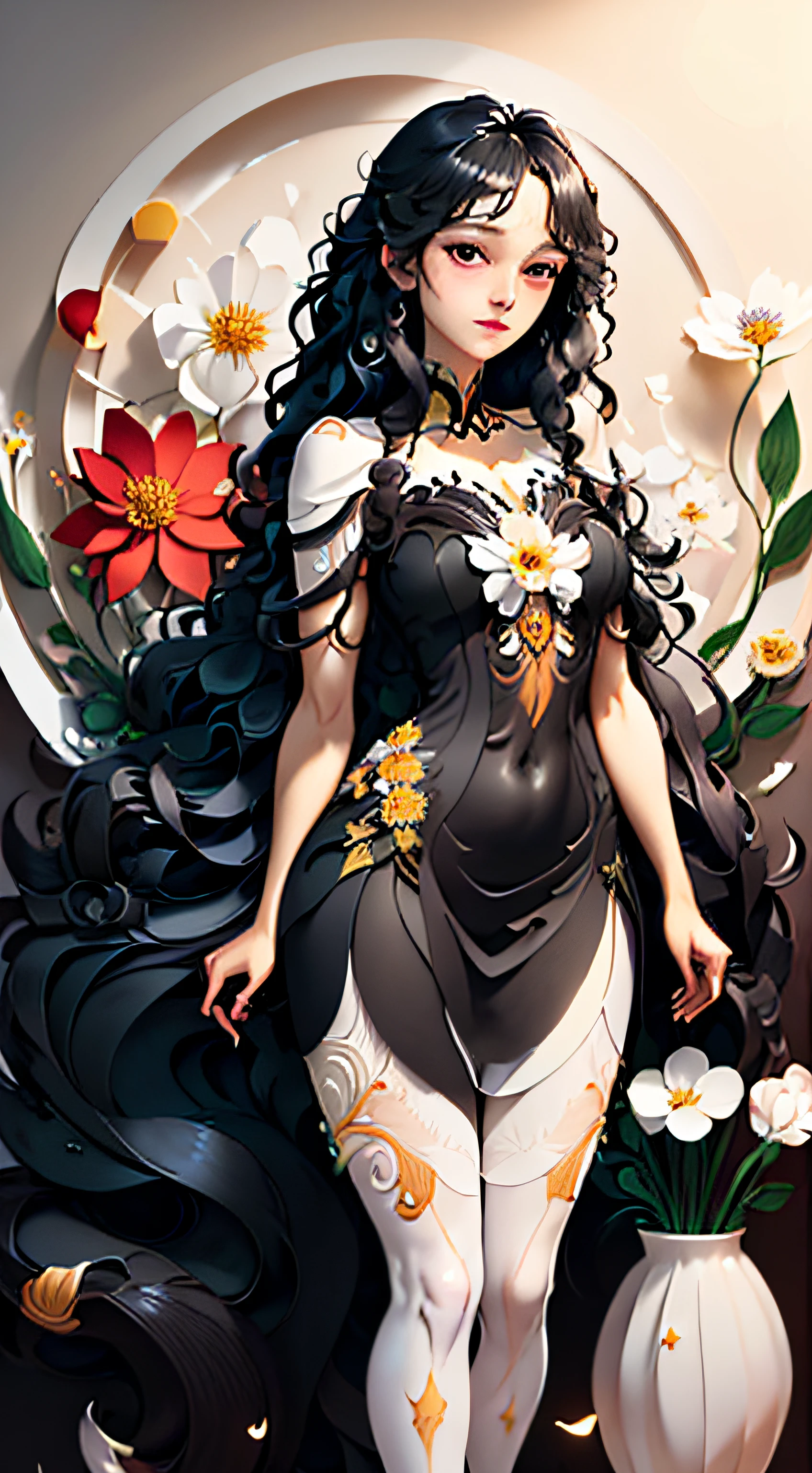 Anime - style woman with black hair and white dress standing in front of a  flowered wall - SeaArt AI