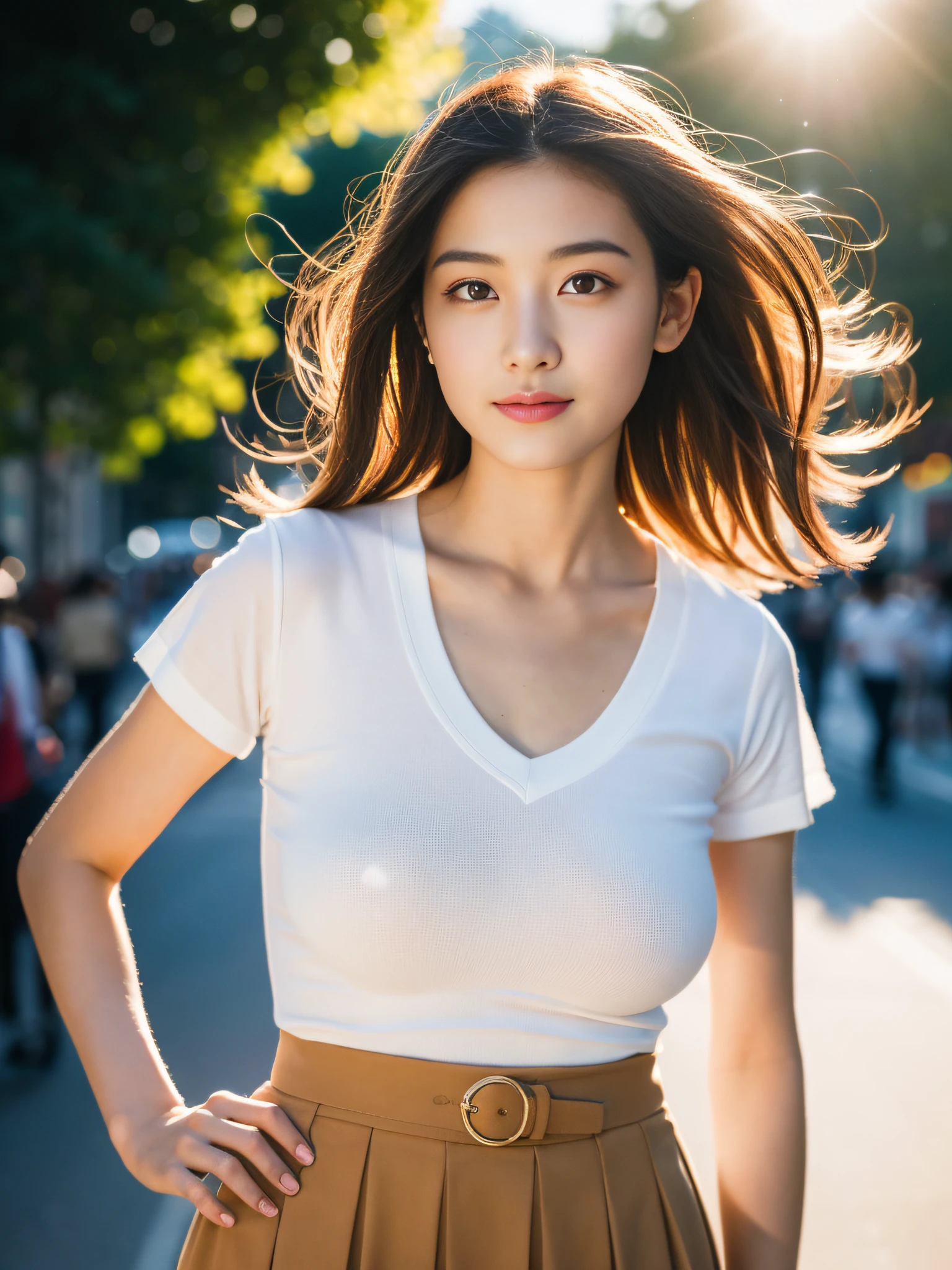 ,(RAW photo:1.2), (Photorealistic:1.4),Beautiful meticulous girl, very detailed eyes and faces, Beautiful detailed eyes, ultra - detailed, A high resolution, The is very detailed，best qualtiy，1个Giant Breast Girl，tmasterpiece，Stylish short sleeves，a skirt，illustratio，The is very detailed，unified，8k wallpaper，finely detailled，tmasterpiece，best qualtiy，Unity8k wallpapers，light in face，cinmatic lighting, 1个Giant Breast Girl，16 yaers old，(Camel toes)，(full bodyesbian)，are standing，clavicle，Stylish clothes，short  skirt，Long legs，high-heels，the street，City，rays of sunshine