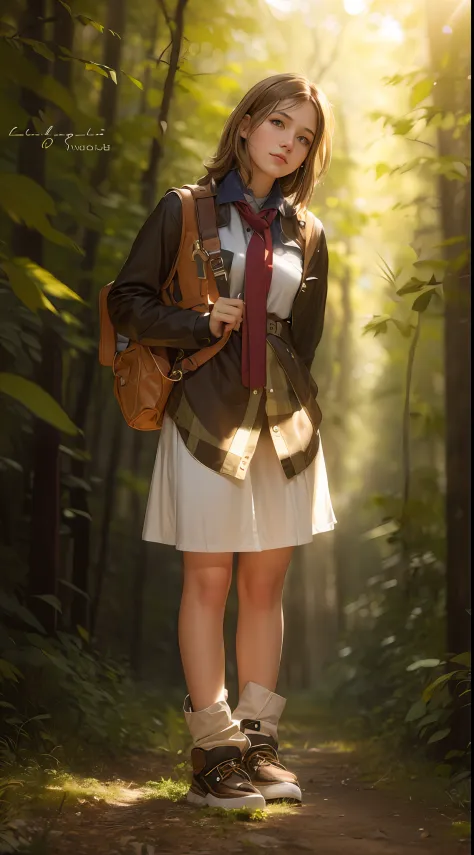 a hyper realistic image of a 18year old girl wearing a bag holding an ancient key in a forest, 32k, high quality, vibrant colors...