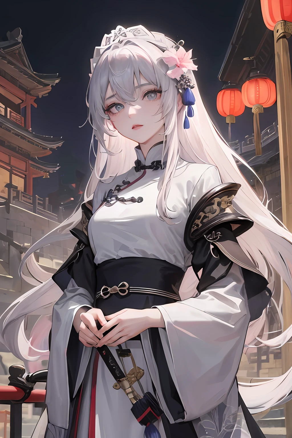 Masterpiece, Best quality, Night, full moon, 1 girl, Mature woman, Chinese style, Ancient China, sister, Royal Sister, Cold expression, Expressionless face, Silver white long haired woman, Light pink lips, calm, Intellectual, tribelt, Gray pupils, assassins, short knife, flower ball background, Stroll through the street view