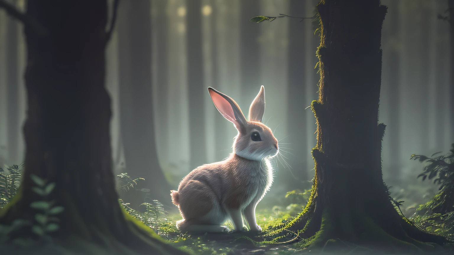 Close up photo of a rabbit in enchanted forest, late night, in the forest, backlight, fireflies, volumetric fog, halo, bloom, dramatic atmosphere, center, rule of thirds, 200mm 1.4f macro shot