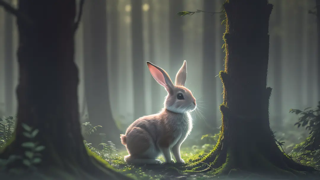 close up photo of a rabbit in enchanted forest, late night, in the forest, backlight, fireflies, volumetric fog, halo, bloom, dr...