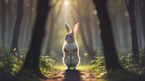 Close up photo of a rabbit in enchanted forest, late night, in the forest, backlight, fireflies, volumetric fog, halo, bloom, dr...