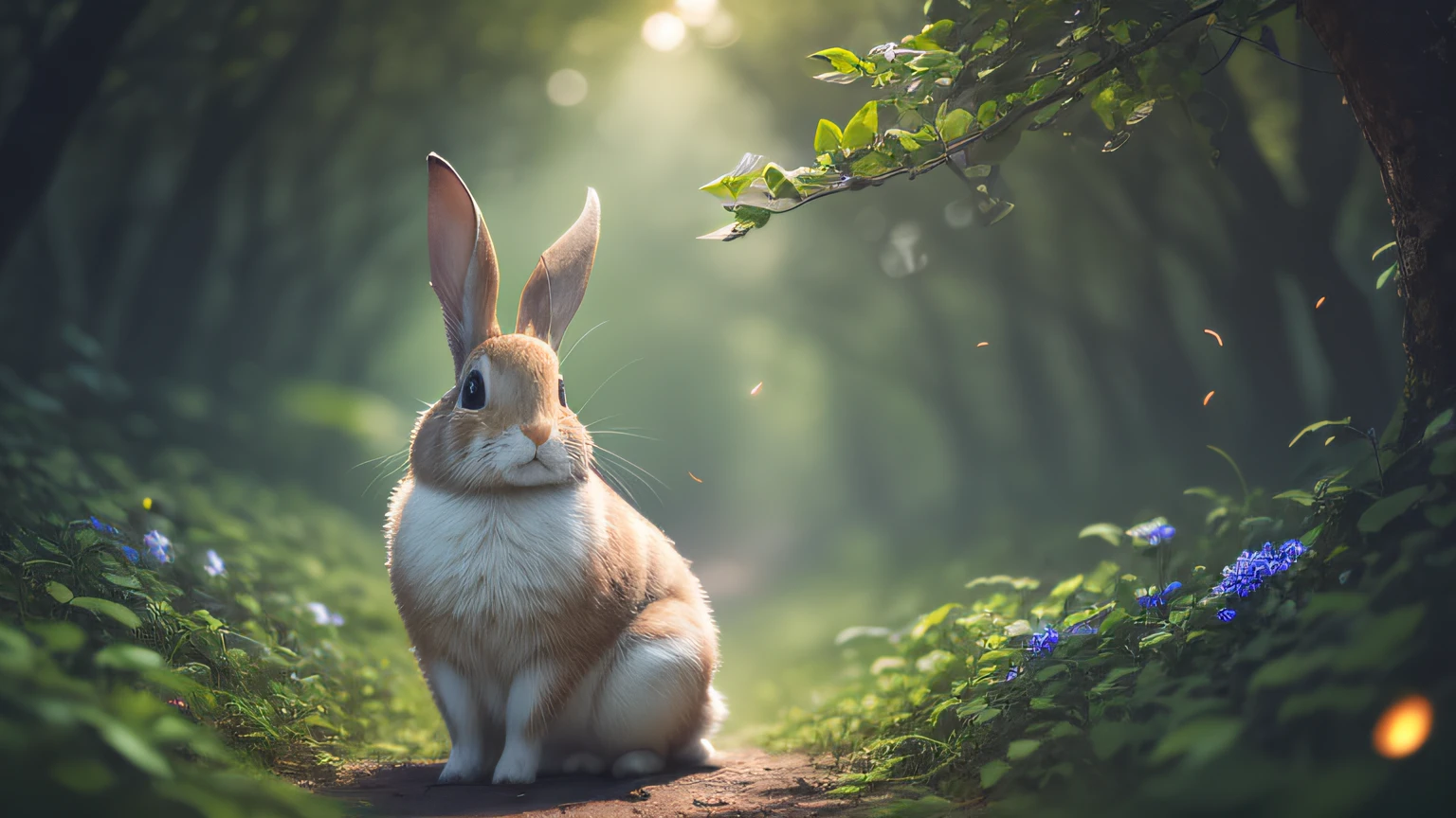 Photo en gros plan d&#39;un lapin dans une forêt enchantée, tard dans la nuit, dans la foret, rétroéclairage, lucioles, brouillard volumétrique, Halo, floraison, ambiance dramatique, centre, Règle des tiers, 200 mm 1.Prise de vue macro 4f