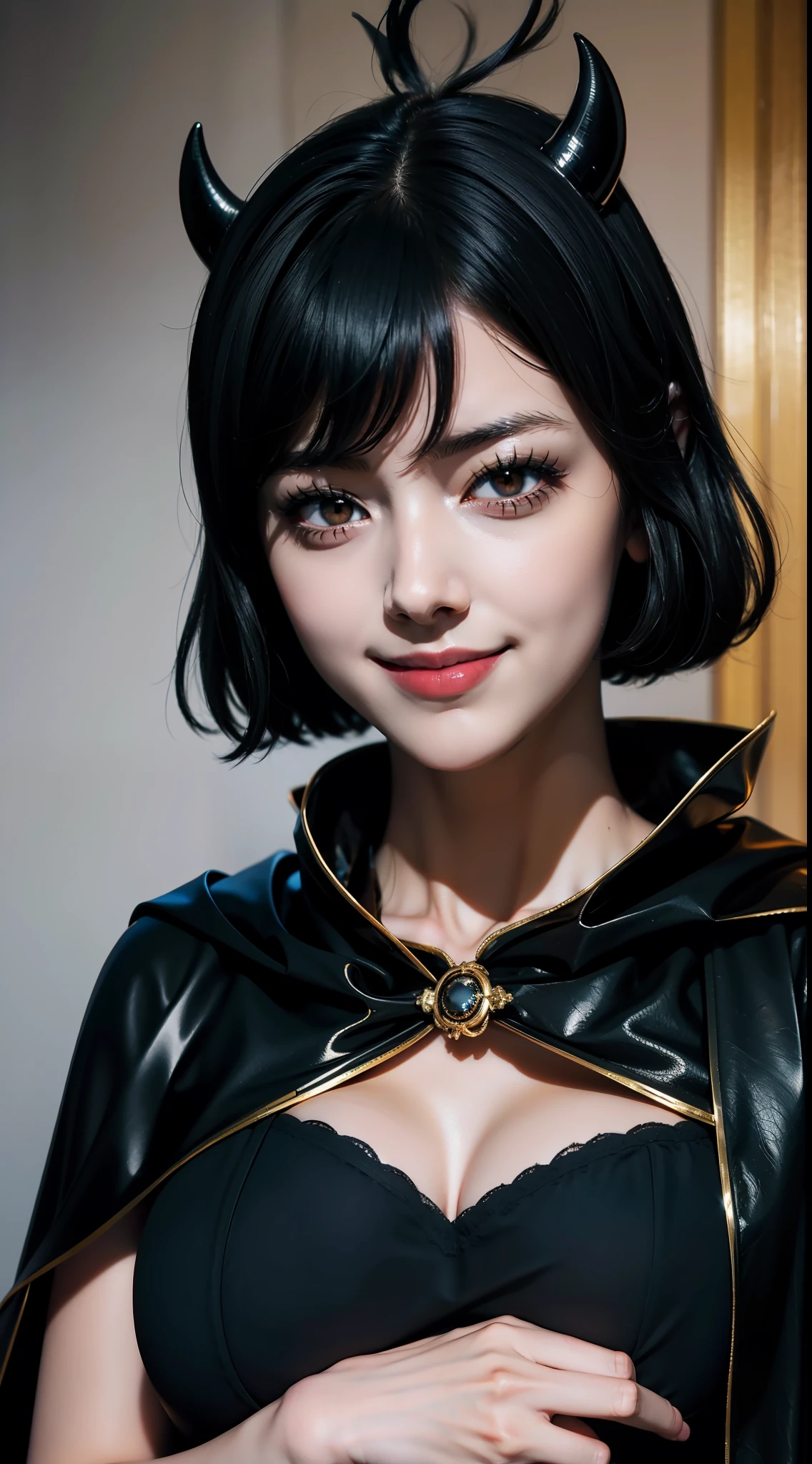 Nero de l&#39;anime trèfle noir, cheveux noirs, Cheveux courts, a des cornes noires, Beau woman, Beau, Une femme, regarder le spectateur, expression souriante, corps parfait, buste moyen, corps entier, porte une cape noire sur les épaules, les yeux rouges