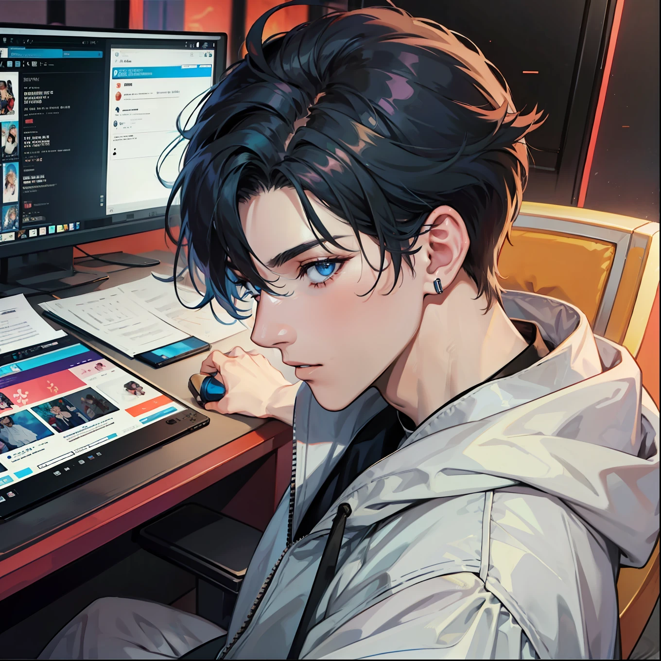 Anime boy calls to talk, ig studios anime style, nightcore, style of anime4 K, High quality anime art style, Anime boy, young anime man, Anime art style, Digital anime illustration, Anime style. 8K, in an anime style, male anime character, Like，best qualtiy：1.0），（Ultra-high resolution：1.0），Anime boys，with short black hair，blue color eyes，sitting in front of the computer，Speak into the microphone，The background is in the esports room，earphone，The head is close to the microphone,8K