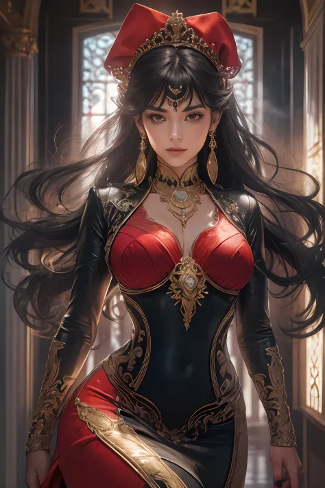 epic good looking woman wearing a red dress, [[giving a gold and red diamond ring]] (intense details, Masterpiece, best details: 1.5), ultra detailed face (intense details, Masterpiece, best details: 1.5),standing in the door entrance, black hair, red high...
